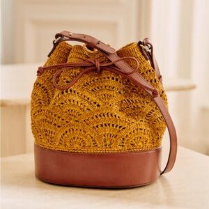 SEZANE Alma Leather Bucket Bag in Ochre Raffia | Brown and Tan Crossbody Bag